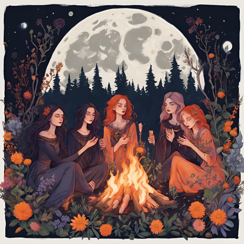 Witches at Litha around a fire