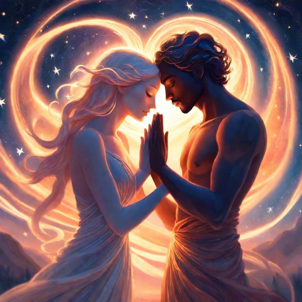 Twin Flames and Soul Mates touching with their hands in love with eachother