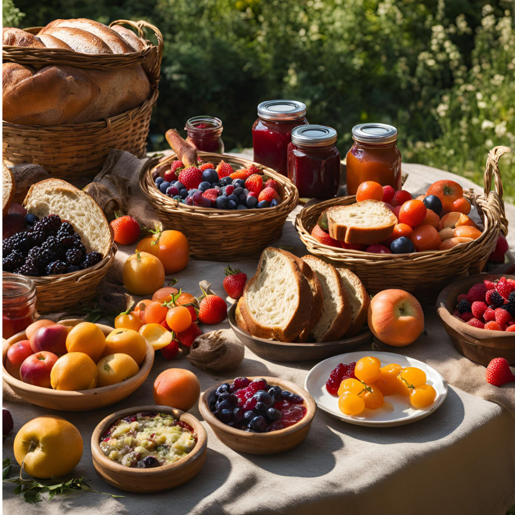Homemade preserves and jams, Tables filled with summer fruits and preserves and bread.