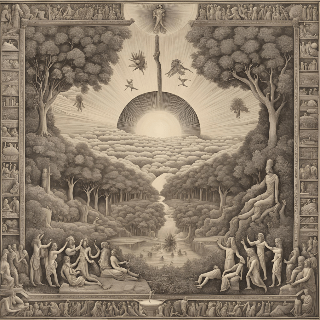 Multiple divine beings resembling Anunnaki collaborating on human creation in an Eden-like setting with advanced mystical tools.