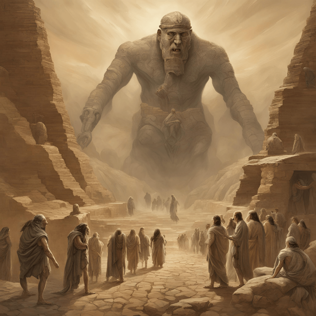 Giant Nephilim with human-like and otherworldly features interacting with humans in an ancient landscape with ziggurats.