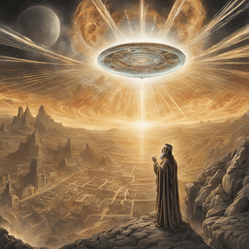 Ezekiel witnessing an advanced, glowing chariot descending from the sky, resembling an otherworldly spacecraft.