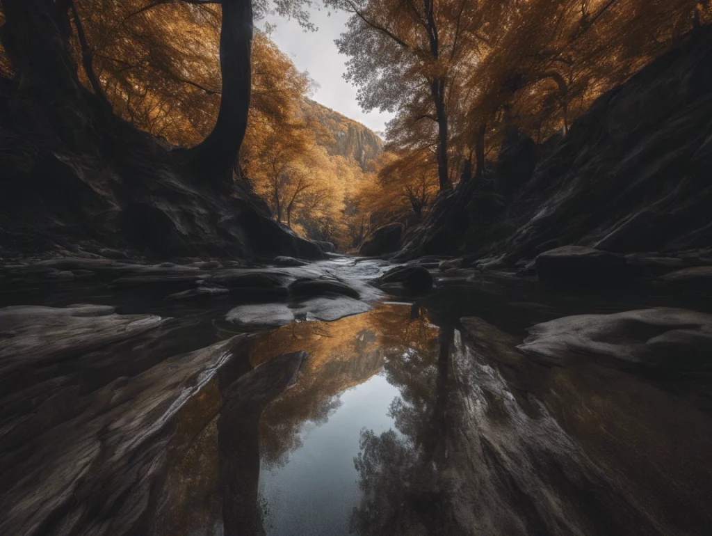Perception vs Perspective, Forest stream and trees in autumn
