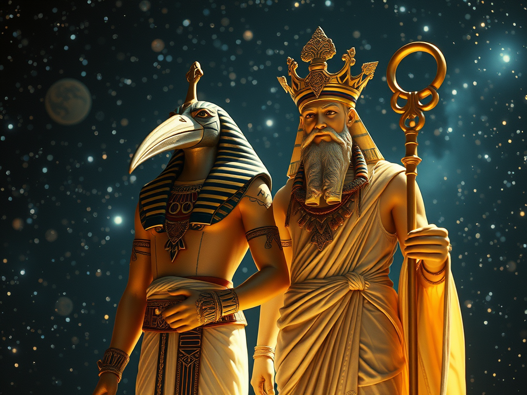 Thoth and Hermes in greek toga stand together, symbolizing the merging of Egyptian and Greek wisdom, against a cosmic backdrop of stars and ancient symbols.