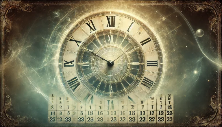 A-haunting-ghostly-Roman-numeral-clock-face-slightly-off-center-to-the-right-overlaying-an-old-world-style-calendar-in-a-landscape-orientation.-
