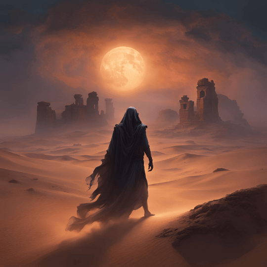 Djinn standing in the desert with sun and ruins