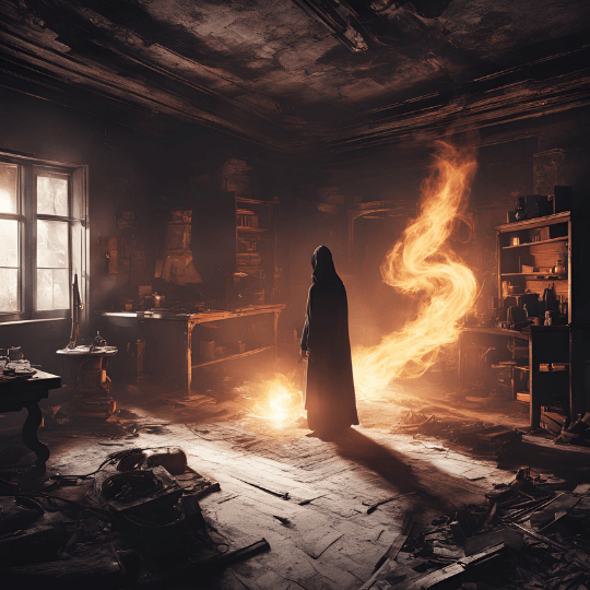 Djinn in an abandoned haunted house with fire surrounding the it