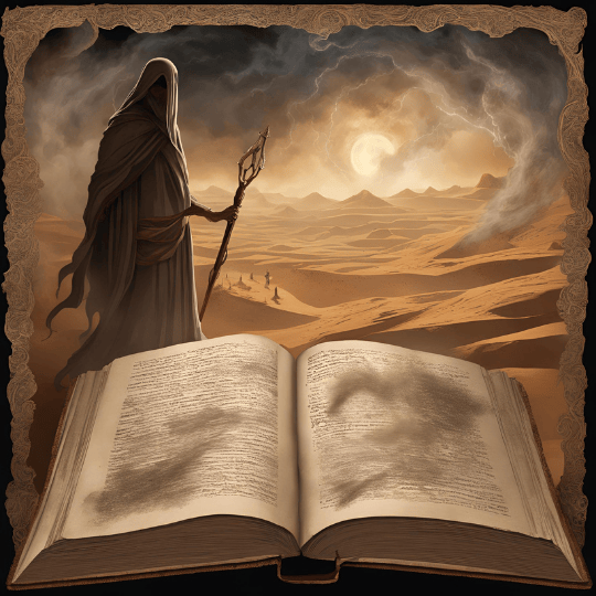 Djinn in desert standing over Bible