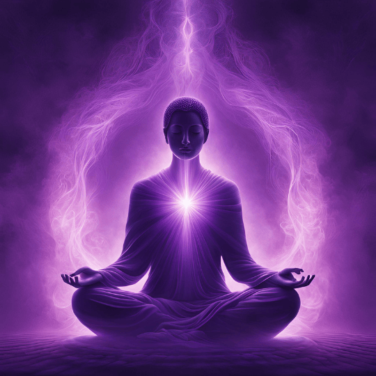 A serene meditation scene with a figure surrounded by glowing violet light, representing the Violet Flame. Include soft, ethereal light beams and a purple-hued atmosphere to symbolize spiritual transformation and healing.
