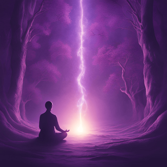 A serene meditation scene with a figure surrounded by glowing violet light, representing the Violet Flame. Include soft, ethereal light beams and a purple-hued atmosphere to symbolize spiritual transformation and healing.