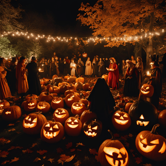 Pumpkins and autumn leaves decorate the scene, with with people surrounded honouring ancestors.