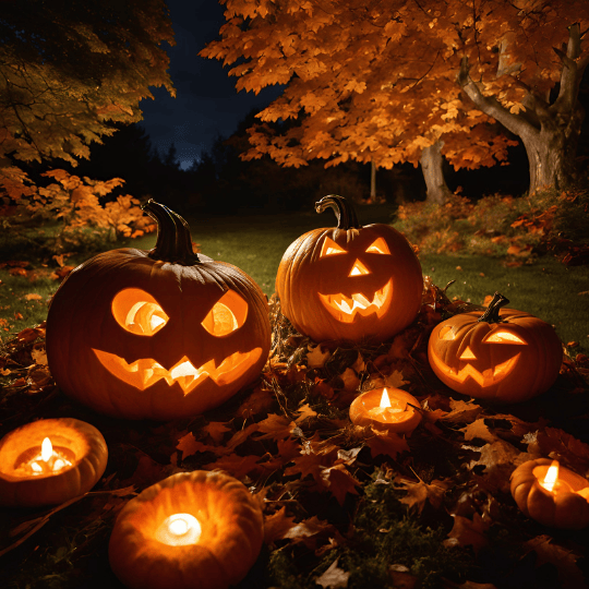 A glowing bonfire under a dark sky, surrounded by people in cloaks. Pumpkins and autumn leaves decorate the scene, with a small altar and candles in the background, honoring ancestors.
