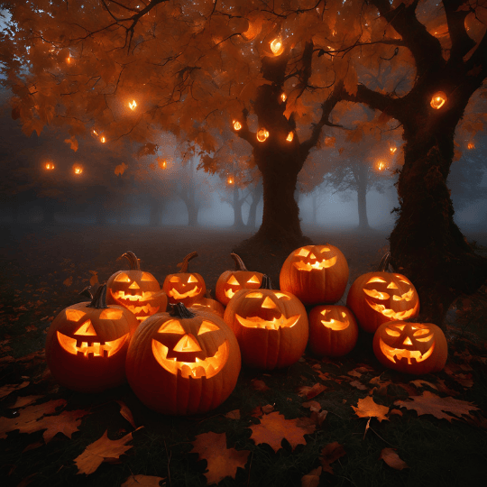 Pumpkins Carved under an autumns tree