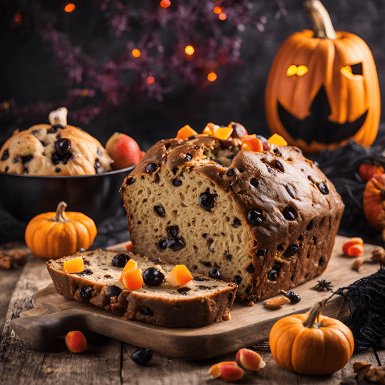 traditional Barmbrack irish fruit bread in a Samhain Halloween setting
