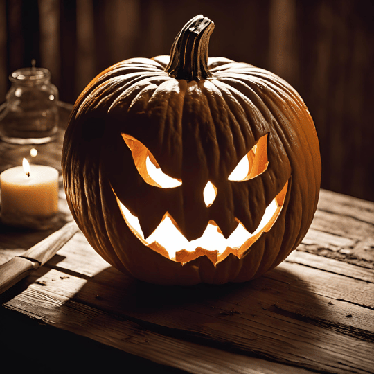 A close-up of a pumpkin being carved into a Jack-O'-Lantern, with detailed cuts and a candle inside