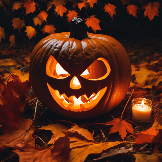 Pumpkin surrounded by leaves and candle
